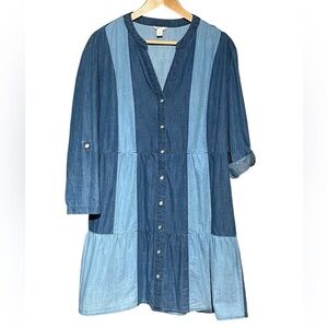 Patchwork Two-Tone Denim Smock Shirt Dress Tunic 3/4 Sleeve Flounce Hem Pockets